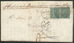 GREAT BRITAIN: Entire Letter Sent From Liverpool To Lima On 1/MAR/1867 Franked With Pair Sc.48 And Duplex Cancel "466",  - Other & Unclassified