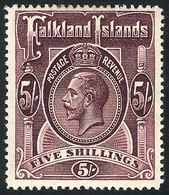 FALKLAND ISLANDS/MALVINAS: Sc.38 (Yvert 34), 1912/14 5S. Dark Lilac, Mint Lightly Hinged, VF Quality - Falkland Islands