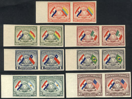 PARAGUAY: Sc.C147/C153, 1945 Flags Of Paraguay And Other Countries, Cmpl. Set Of 7 IMPERFORATE PAIRS, Excellent Quality, - Paraguay