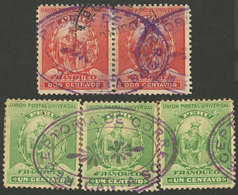 PERU: Sc.142, Re-joined Strip Of 3 + Sc.144 Pair, Both With Complete Violet "RECEPTORIA DE CORREOS - CANTA" In Oval, VF  - Perú