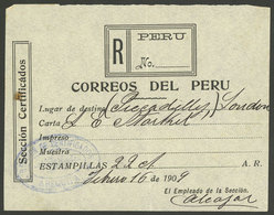 PERU: Receipt For A Registered Letter Sent From Arequipa To London On 16/FE/1909, VF Quality! Ex-Herbert Moll - Perú