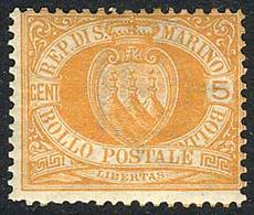 SAN MARINO: Yv.2, 1877/90 5c. Orange, Mint With Original Gum, VF Quality, Catalog Value Euros 120. - Sonstige & Ohne Zuordnung