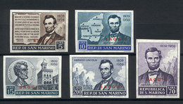 SAN MARINO: Yv.466/9 + A.118, 1959 Abraham Lincoln, Compl. Set Of 5 Values IMPERFORATE And With SAGGIO Overprint (specim - Sonstige & Ohne Zuordnung