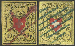 SWITZERLAND: Sc.8, 1850 10Rp. Used, 2 Examples In Different Shades With Attractive Marks: Red Pen Cancel And Blue Barred - Otros & Sin Clasificación