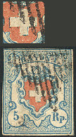 SWITZERLAND: Sc.9, 1851 5Rp. WITH PART OF THE BLUE FRAMING CROSS, Used, Light Thins On Back, Good Front, Low Start! - Altri & Non Classificati