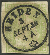 SWITZERLAND: Sc.29, 1855/7 40r. Yellow-green With Brown Silk Thread, Beautiful Example With Spectacular HEIDEN Postmark, - Sonstige & Ohne Zuordnung