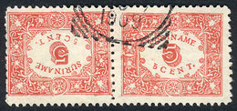 SURINAME: Yvert 58a, 1909 5c. Red Perforated, Pair Forming Tete-beche, Very Fine Quality, Rare, Catalog Value Euros 140. - Suriname