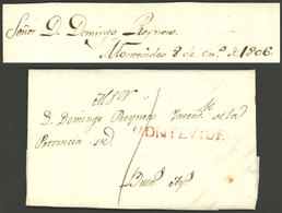 URUGUAY: Entire Letter Dated 8/JA/1806, Sent To Buenos Aires, With Straightline MONTEVIDEO In Red And "1" (Real ) Rating - Uruguay