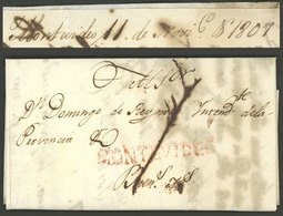 URUGUAY: Entire Letter Dated 11/NO/1807, Sent To Buenos Aires, With Straightline MONTEVIDEO In Red And "1" (Real ) Ratin - Uruguay