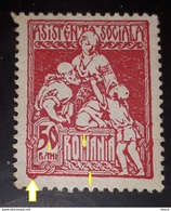 Revenue Stamps Romania 1921, Social Assistance 50b Printed Wuth Broken M, Writing Author In Circle,unused No Gumm - Errors, Freaks & Oddities (EFO)