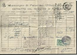 Storia Postale: Uso Parafiscale 30 Cent AMGOT + Marche Com. Palermo Su Estratto Registro Popolazione - Occup. Anglo-americana: Sicilia