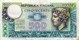 BANCONOTA  Da  500  Lire - Serie MERCURIO - D.M. 24. 12. 1970   DPR 5.6.1976. - 500 Liras