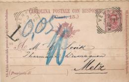 ITALY - 1894 INLAND Double Card - TAXED POSTAGE DUE - To Metz, Germany - Michel P26 - Unusual Use! - Entero Postal