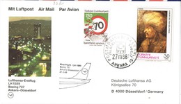 31728. Tarjeta Aerea First Fligth ANKARA (Turquia) - Dusseldorf. Boeing 727. Suleyman Stamp - Poste Aérienne