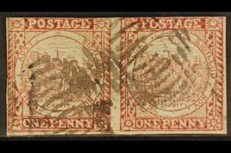 NEW SOUTH WALES 1850 1d Crimson-lake Sydney View Plate II, SG 9, Horizontal Pair With Clear To Good Margins, Barred Canc - Andere & Zonder Classificatie