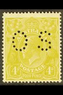 OFFICIAL 1926-30 4d Yellow- Olive Perf 14, Punctured "OS", SG O94, Never Hinged Mint. A Beauty, Scarce In This Condition - Other & Unclassified