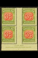 POSTAGE DUE 1946-53 3d Carmine And Green, SG D122, JOHN ASH Gutter Imprint Block Of Four, Very Fine Mint. (4 Stamps) For - Other & Unclassified