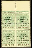 1942 Landing Of Columbus £1 Grey-green And Black, SG 175a, Upper Marginal Block Of Four Never Hinged Mint. For More Imag - Other & Unclassified