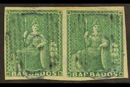 1852 (½d) Deep Green On Blued Paper, Britannia, SG 2, Very Fine Used Pair With Good To Large Margins All Round And Light - Barbades (...-1966)