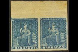 1852 (1d) Blue On Blued Paper, Britannia, SG 3, Very Fine Mint Og Marginal Pair. For More Images, Please Visit Http://ww - Barbados (...-1966)