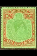 1942 10s Bluish Green And Deep Red On Green LINE PERF 14¼, Showing The Rare BROKEN TOP RIGHT SCROLL, SG 119bd, Mint With - Bermudas