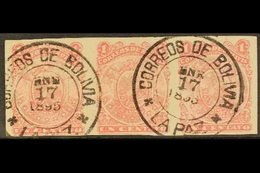 1893 1c Rose With Numerals Upright, Imperf Strip Of Three With Full Margins, SG 57a, Superb Used With La Paz Upright Cds - Bolivie