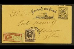 1902 10c Black Registered Printed Ship 'Servicio Postal Fluvial' Postal Stationery Envelope, Uprated With 1902 20c Perf  - Colombie