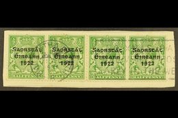 1923 HARRISON ½d Green Coil Stamp, A Horizontal Strip Of Four With Two Showing Long "1", SG 67a, On A Piece Tied By Neat - Sonstige & Ohne Zuordnung