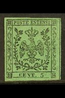 MODENA 1852 5c Green, Sass 1, Variety "no Stop After 5", Very Fine Mint Og With Large Margins All Round. Signed Diena. R - Non Classés