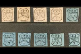 PARMA NEWSPAPER STAMPS - 1853 - 7 Unissued 6c Black On Pale Rose (4) And 9c Blue (3) And Pale Blue (3) Including "CFN" V - Unclassified