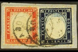 1862 20c Indigo & 40c Deep Red (SG 2a & 3b, Sassone 2 & 3), Fine Used On Small Piece Tied By "Milano" Cds's, The 20c Wit - Unclassified