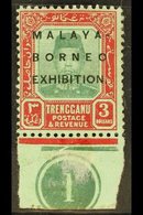 TRENGGANU 1922 MALAYA BORNEO EXHIBITION $3 Green & Red/green Control Single, SG 57, Mint, Light Margin Crease Does Not D - Other & Unclassified