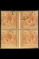 1914-23 4½d Red-brown, GUTTER BLOCK OF FOUR, SG 45a, Very Fine Used. Rare Item! For More Images, Please Visit Http://www - Islas Salomón (...-1978)