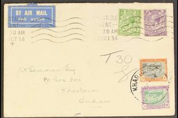 1934 (23 Oct) Envelope From Whitstable, England To Khartoum Bearing GB ½d & 3d Values Tied Alongside An Air Mail Label,  - Soedan (...-1951)