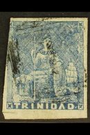 1852-53 1d Blue Litho Britannia On Cartridge Paper, SG 14, Attractive With 3½ Good To Large Margins (scissor Cut In Lowe - Trinidad & Tobago (...-1961)