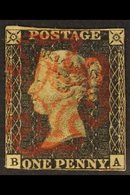 1840 1d Black, "B A" Plate 2, Slightly Worn Impression, SG 2, Fine Used With Red MX cancel, Margins Cut On Frame Lines,  - Unclassified