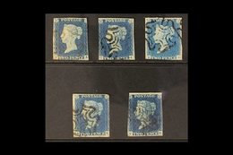 1840 2d Blues Group - Plate 1, Three Examples (letters H A, C I, E B), One With Red MX Cancel, Others With Black MX Canc - Other & Unclassified