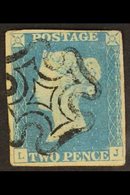 1840 2d Pale Blue, "L J" Plate 1, SG 6, Very Fine Used With Clear Strike Of Black MX Cancel, Tiny Corner Thin, Four Marg - Otros & Sin Clasificación