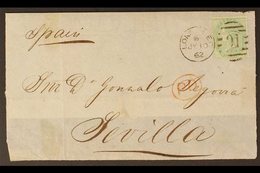 1862 1s Pale Green, No Corner Letters, Used On Part Entire To Spain, SG 73, Cancelled By Light, LONDON Duplex Postmark,  - Sonstige & Ohne Zuordnung