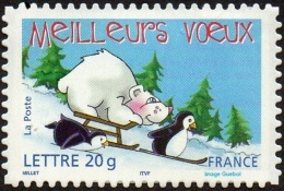 France Autoadhésif ** N°   71 Ou 3857 - Meilleurs Vœux Pour 2006 - Ours Sur Une Luge Et Manchots Skiant, Glissant - Neufs