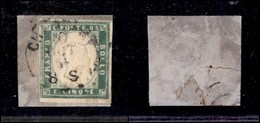 ANTICHI STATI - SARDEGNA - 1855 - 5 Cent (13c-verde Pisello) Usato Su Frammento (4.750) - Andere & Zonder Classificatie