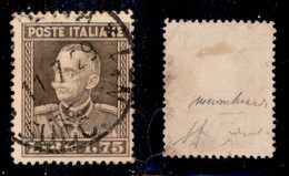 REGNO D'ITALIA - POSTA ORDINARIA - 1929 - 1,75 Lire Parmeggiani (242-dentellato 13) Usato - Diena + Cert. Chiavarello (5 - Sonstige & Ohne Zuordnung