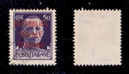 RSI - 1944 - Verona - Soprastampa Carminio Lillacea - 50 Cent (493i) Usato - Cert. AG (900) - Sonstige & Ohne Zuordnung