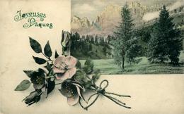 Fantaisie Vœux Montagne Alpes Pâques Bouquet Et Vue - Ostern