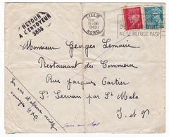 Lettre Lille Nord 1943 Pétain + Mercure Retour à L'Envoyeur 3855 Flamme " Un Bon De Solidarité Ne Se Refuse Pas " - 1941-42 Pétain
