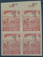 (*) 1919 Magyar Posta Arató 40f Vágott ívszéli Négyestömb Próbanyomat, Eltolódott értékszámmal, Vastagabb, Vízjel és Eny - Autres & Non Classés