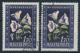 O 1950 Virág 1,70 Ft Jobbra Tolódott Zöld Színnyomat + Támpéldány, A Felső Virágon Kék Festékfolt - Autres & Non Classés