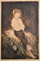 Prihoda István (1891-1956): Üldögélő Lány. Színezett Rézkarc, Papír, Jelzett, Foltos, 47×31 Cm - Sonstige & Ohne Zuordnung