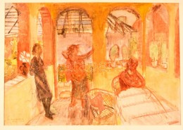 Szabados Jenő (1911-1942): Hárman A Verandán, Akvarellpapír, Jelzett, üvegezett Keretben, 32x46 Cm (üveg Törött) - Altri & Non Classificati