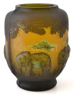 Gallé Jelzéssel Virág- és Elefántmintás Váza, Többrétegű, Kis Kopásokkal, M: 17,5 Cm - Glas & Kristal